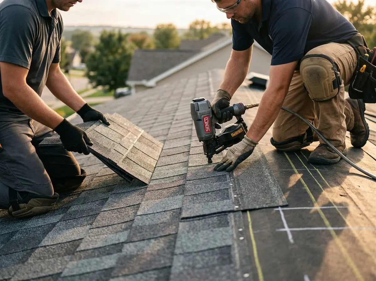 Professional roofer working on a residential roof in Guymon